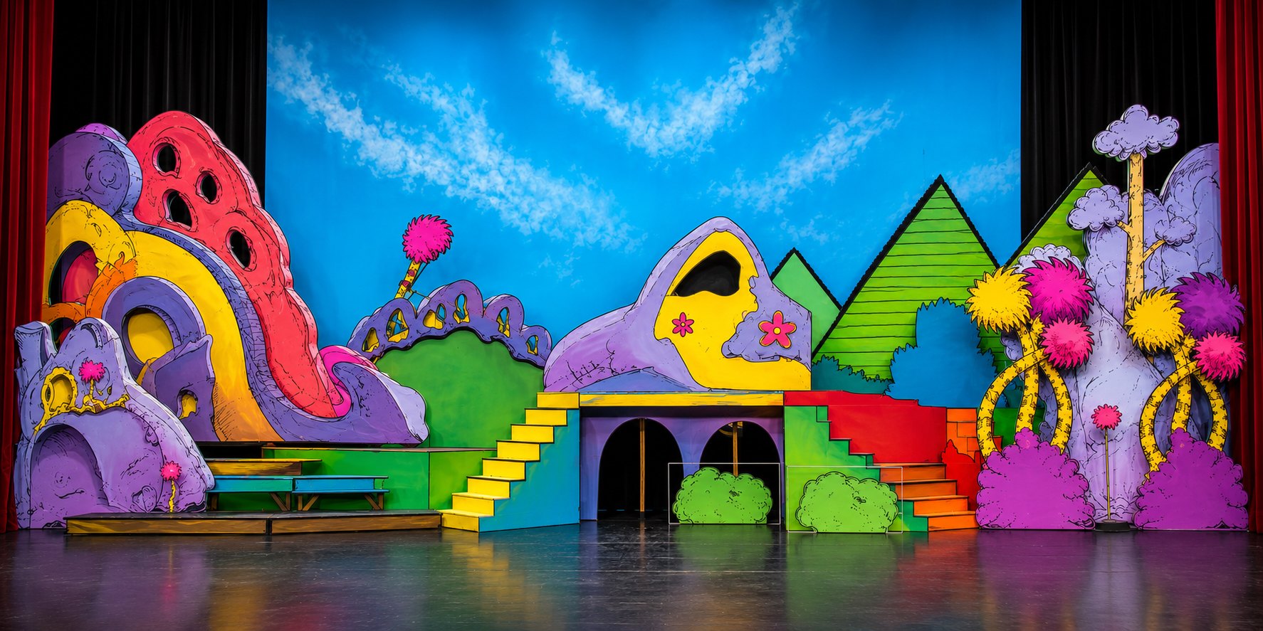 The Seussical set under stage light at Rexburg Community Theatre