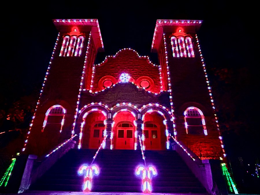 The Rexburg Tabernacle lit in red, white and green
